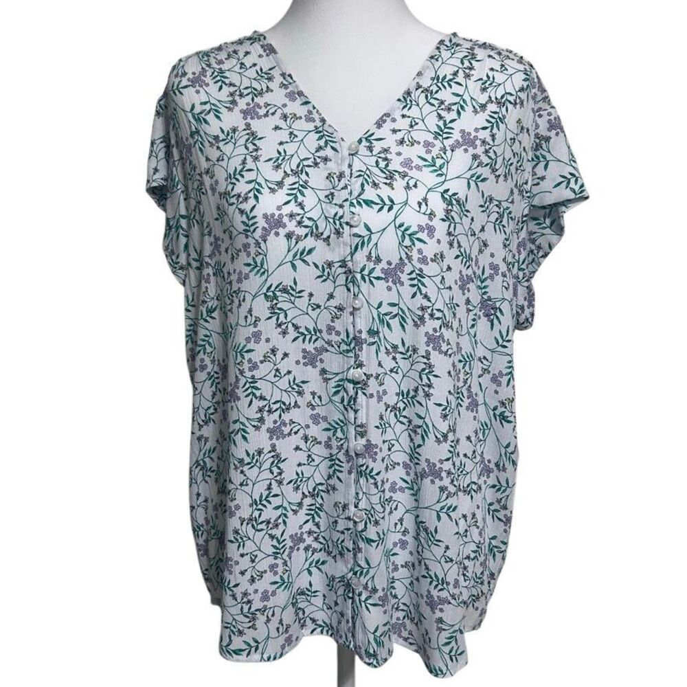 NWT Liz Claiborne Blouse Women's Large White Combo Floral Button Front V-neck